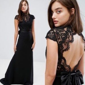 ASOS: Black Gown with Lace Neck Semi Open Back